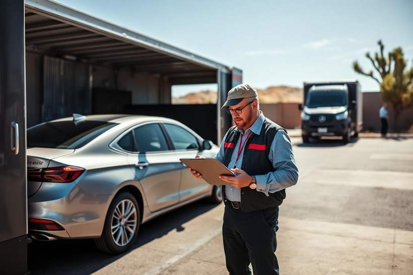 Vehicle transport coordinator documenting a sedan beside a carrier in Glendale Arizona