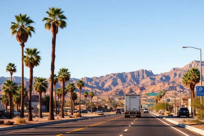 Arizona street with palm trees and a transport truck near Glendale