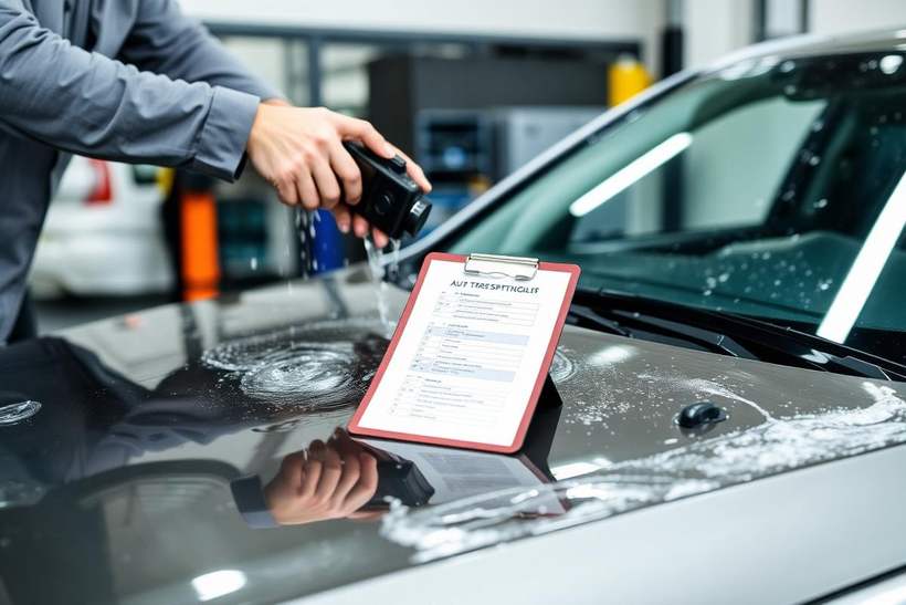 Owner washing and photographing a car in preparation for auto transport