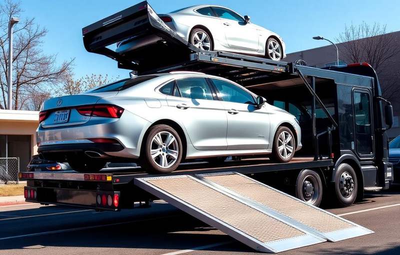 Silver sedan being loaded onto an open car carrier for shipping in Glendale AZ