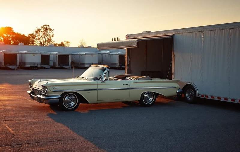 Classic convertible parked beside a covered transport trailer at golden hour