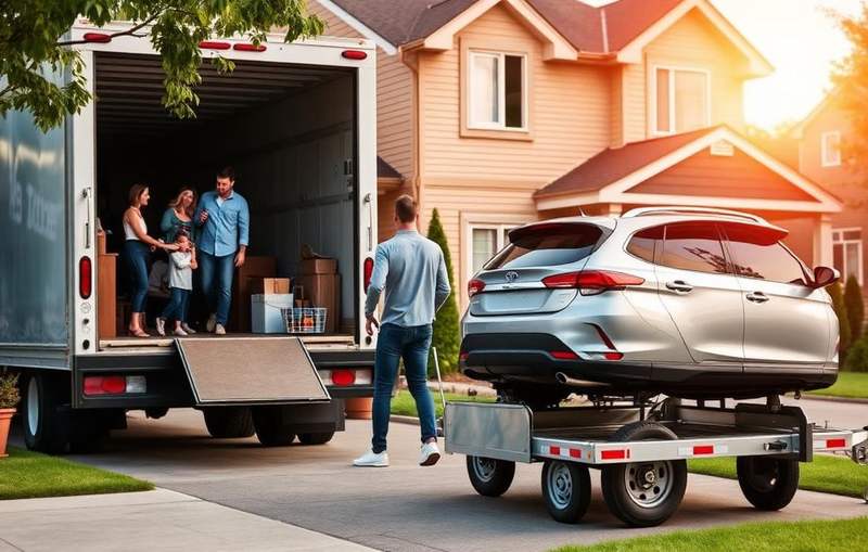 Family moving home while their car is loaded onto a small auto transport trailer