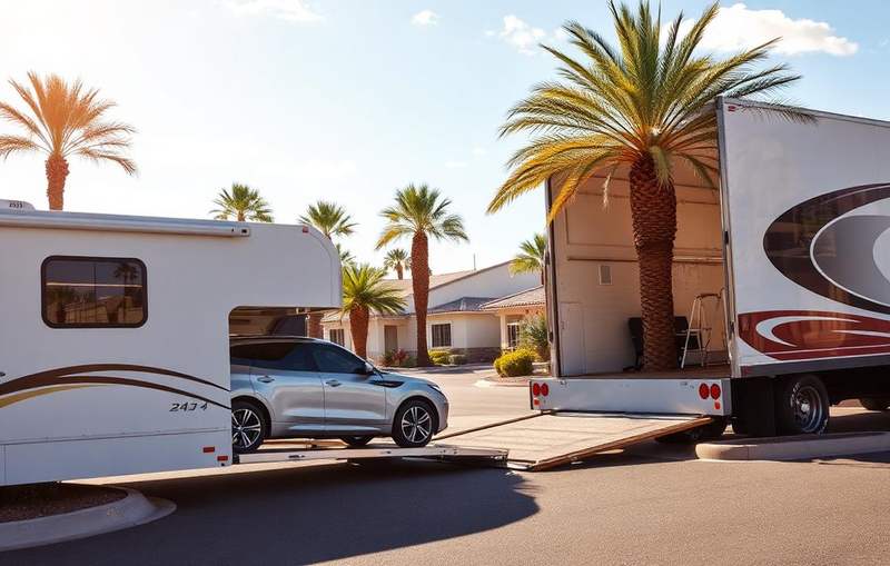 Vehicle unloaded from a carrier at a sunny Arizona retirement community entrance