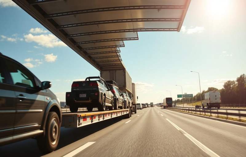 Open auto transport trailer loaded with vehicles travelling an interstate highway