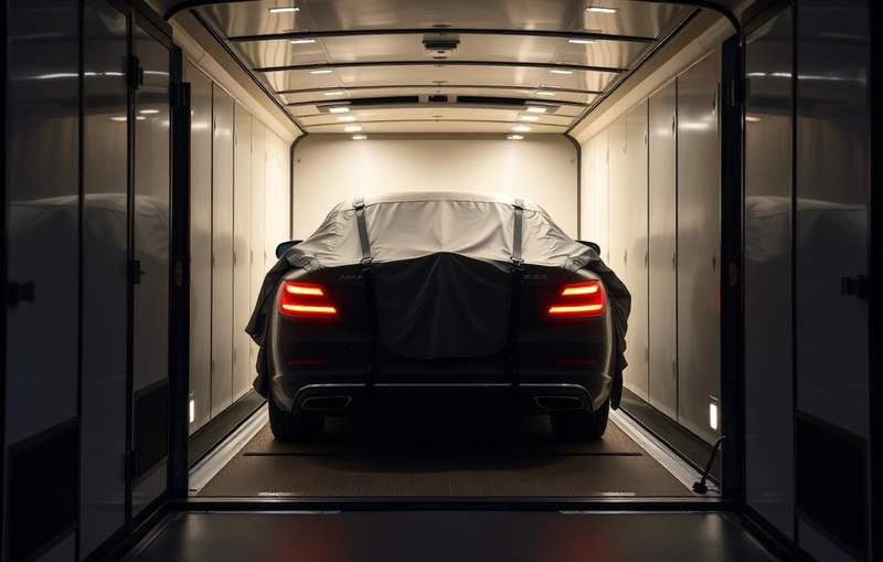 Covered luxury car secured inside an enclosed auto transport trailer