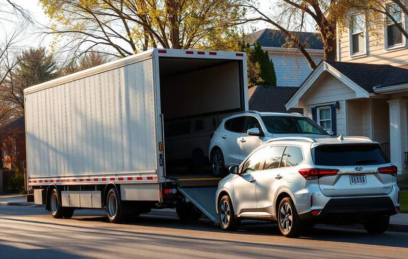 Enclosed transport truck unloading a white SUV on a residential street
