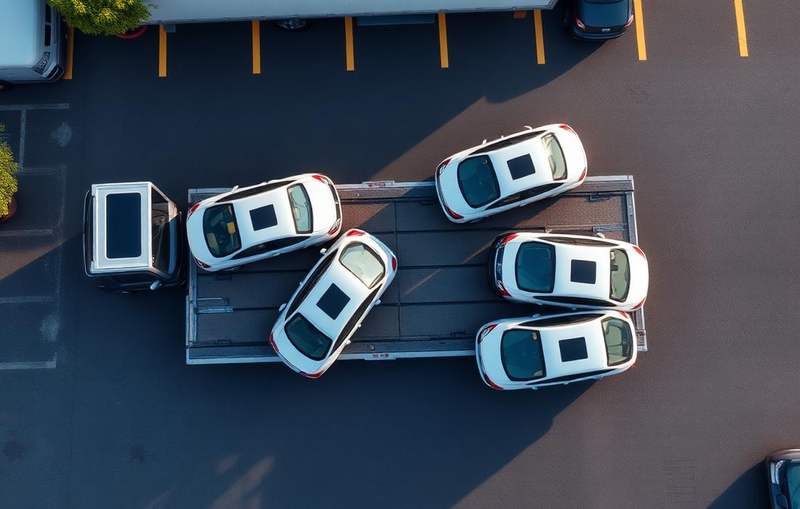 Aerial view of dealership vehicles staged for loading onto a commercial car hauler