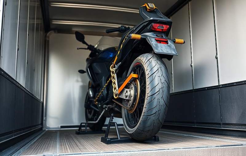 Motorcycle secured with a wheel chock and straps inside a transport trailer